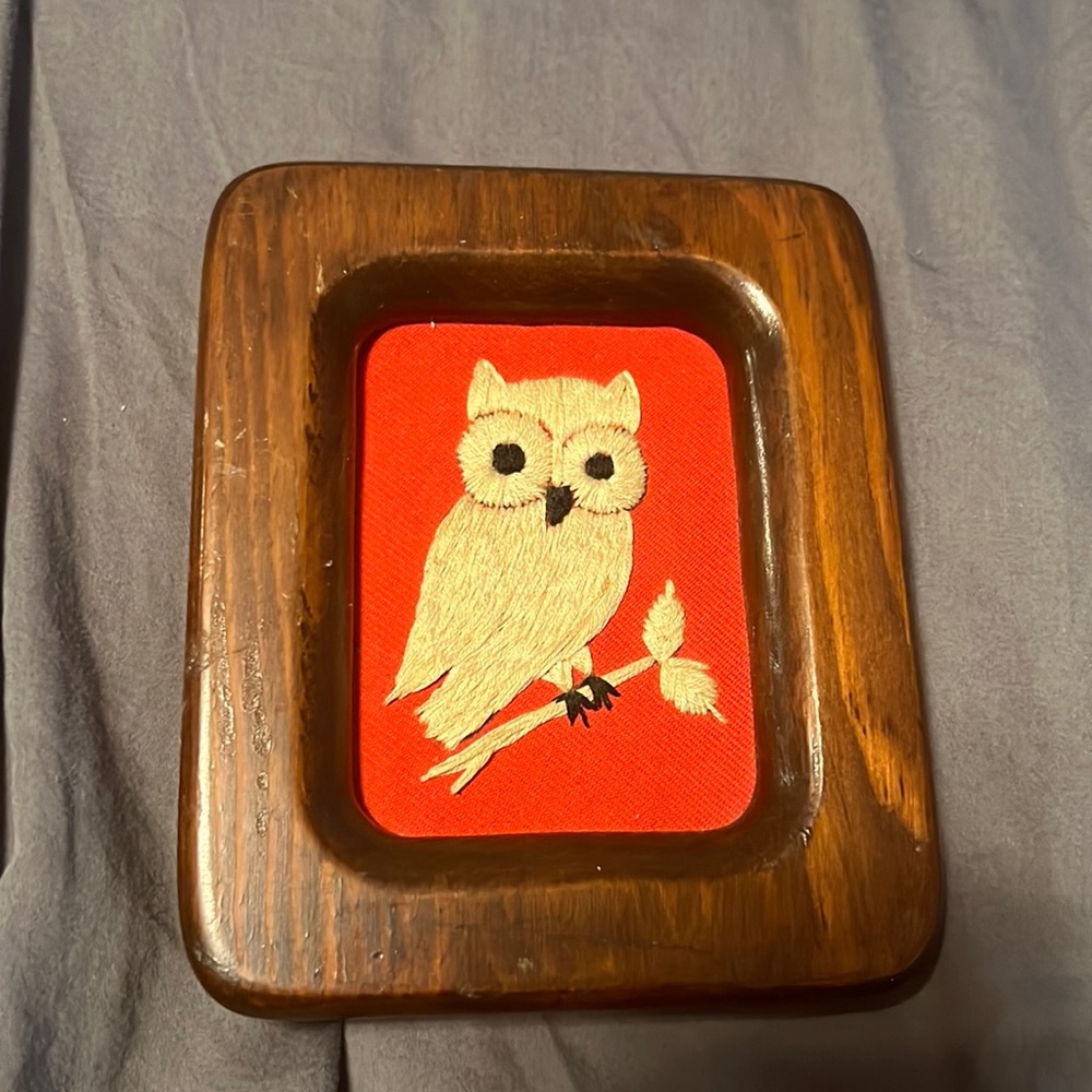 Vintage hand sewn owl framed